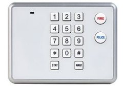 2GIG Wireless Keypad with 12-button numeric keypad, Fire and Police emergency buttons, and armed/disarmed status indicators