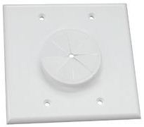 White double gang wall plate with circular cable grommet opening and mounting holes for structured cabling installations Main image