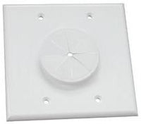 White double gang wall plate with circular cable grommet opening and mounting holes for structured cabling installations