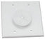 White double gang wall plate with circular cable grommet opening and mounting holes for structured cabling installations