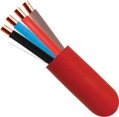 18-4 FPLP plenum fire alarm wire with red jacket and four color-coded copper conductors exposed
