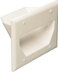 Lite almond 3-gang recessed low voltage cable plate with mounting brackets for structured cabling installations Main image
