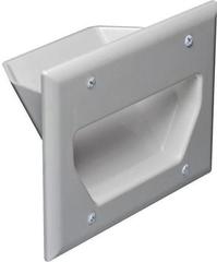 White 3-gang recessed low voltage cable plate with mounting brackets for structured cabling installations