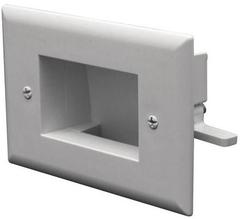 White low voltage cable wall plate with rectangular opening and mounting screws for structured cabling installation