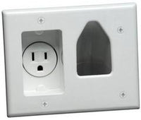 White dual-gang wall plate with recessed power outlet and low voltage pass-through opening for structured cabling