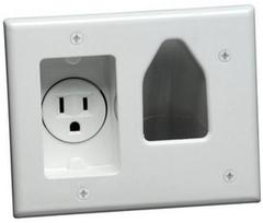 White dual-gang wall plate with recessed power outlet and low voltage pass-through opening for structured cabling