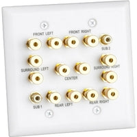 Datacomm 7.2 surround sound 2-gang white speaker wall plate with gold banana binding posts for audio speaker connections