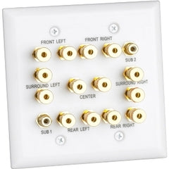 Datacomm 7.2 surround sound 2-gang white speaker wall plate with gold banana binding posts for audio speaker connections