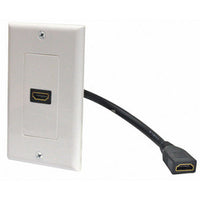 White single-gang HDMI wall plate with black pigtail cable for feed-through installation
