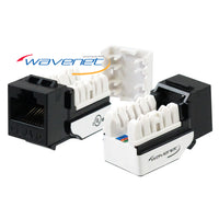 Three Wavenet Cat5e keystone jacks showing black and white models with internal wiring connectors and UL certification marki…