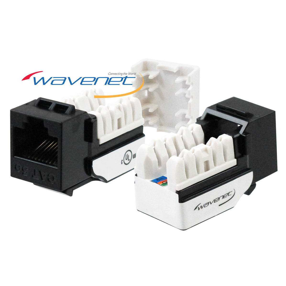 Three Wavenet Cat5e keystone jacks showing black and white models with internal wiring connectors and UL certification marki…
