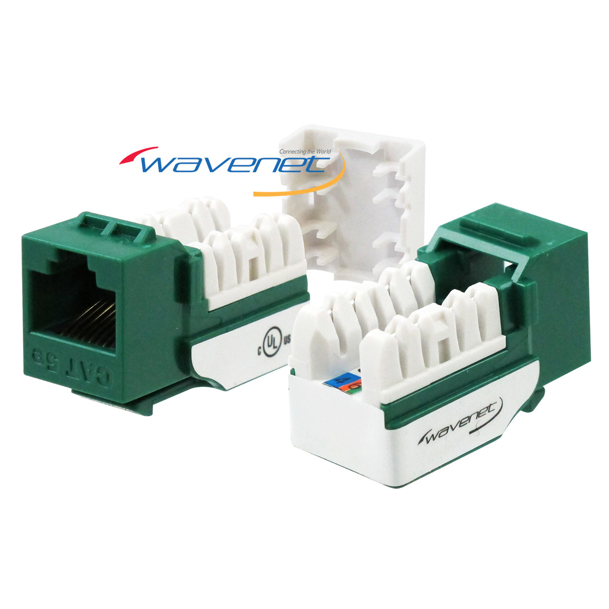 Three Wavenet Cat5e keystone jacks in green and white with internal wiring components visible