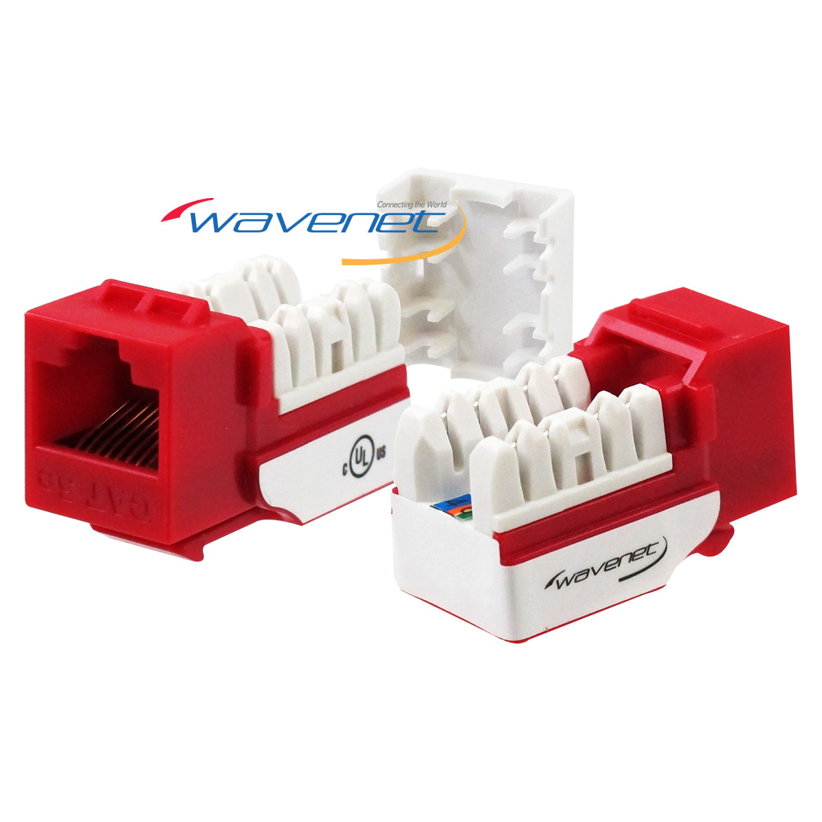 Wavenet Cat5e Keystone Jack in red and white with internal wiring terminals and protective housing