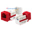 Wavenet Cat5e Keystone Jack in red and white with internal wiring terminals and protective housing