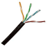 Direct burial outdoor rated Cat5e cable with gel-filled protection, showing colored twisted pairs inside black jacket on 100…