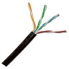 Direct burial outdoor rated Cat5e cable with gel-filled protection, showing colored twisted pairs inside black jacket on 100…