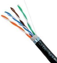 Direct burial outdoor rated shielded Cat5e cable with multicolored twisted pairs exposed, showing black protective jacket Main image