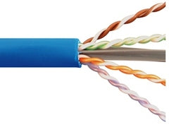 Cat6A 650 MHz 10Gig CMR rated network cable with blue jacket showing twisted copper and color-coded interior wires