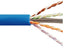 Cat6A 650 MHz 10Gig CMR rated network cable with blue jacket showing twisted copper and color-coded interior wires