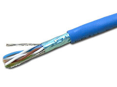 Wavenet Cat6e shielded network cable with blue jacket showing twisted pair conductors and shielding exposed at the end
