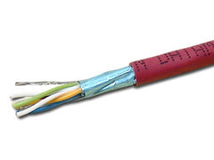 Wavenet Cat6e shielded network cable with red jacket showing twisted pair conductors and blue shielding