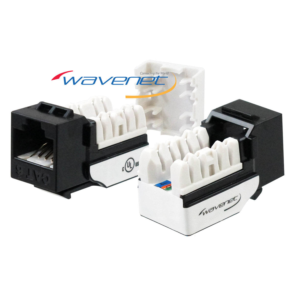 Wavenet Cat 6 Keystone Jack in black and white, showing RJ45 connector and internal wiring configuration for network cabling Main image