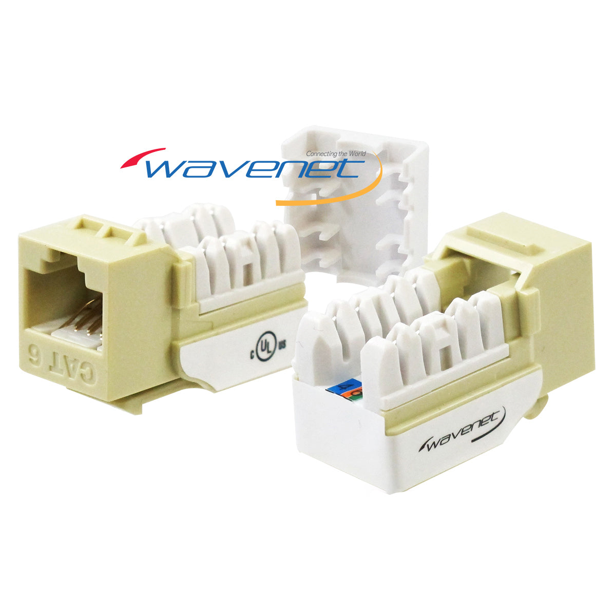 Wavenet Cat 6 Keystone Jack in ivory showing three connector units with white internal contacts and gold-plated terminals