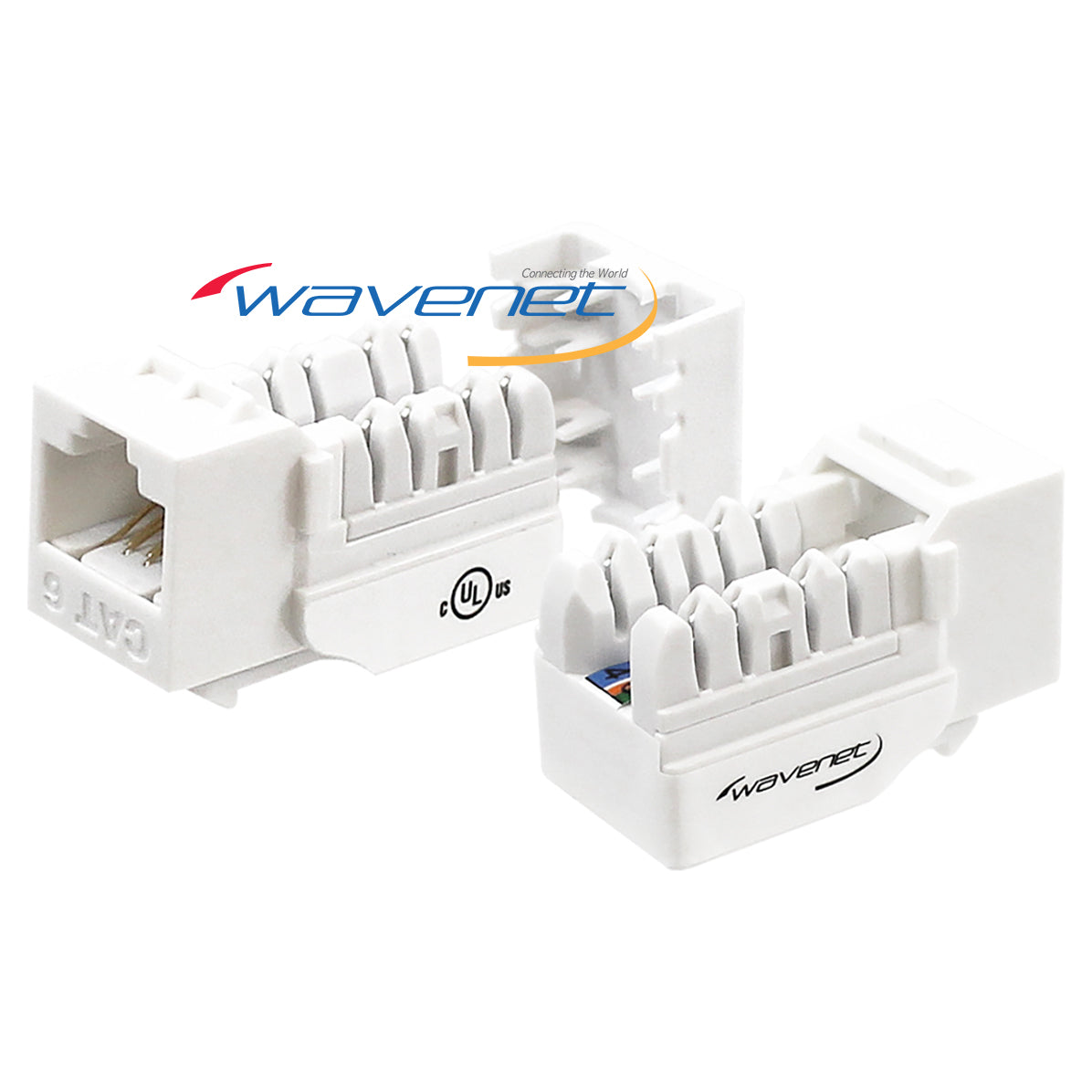 Two white Wavenet Cat 6 keystone jacks showing internal wiring terminals and UL certification mark Main image