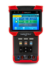 Red and black CamView IP Pro security camera tester with 4-inch touchscreen display showing network diagnostics interface