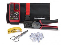 Platinum Tools EXO ezEX-RJ45 termination and test kit with red carrying case, crimp tool, tester, and networking accessories