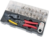 Platinum Tools Cat6A 10Gig termination kit with crimper, stripper, tester, and assorted connectors in organized case