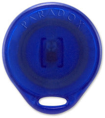 Paradox blue proximity key tag with rounded rectangular shape and white access button slot for security systems