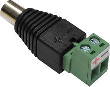 Female DC jack connector with black plastic housing and green screw terminal block adapter for structured cabling