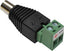 Female DC jack connector with black plastic housing and green screw terminal block adapter for structured cabling