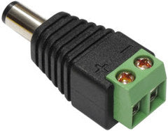 Male DC plug to terminal block connector with black plastic housing and green screw terminal block