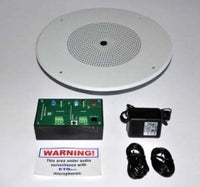 ETS 10 Watt Single Zone 2 Way Audio Surveillance System with white ceiling speaker, green circuit board, power adapter, and …