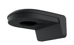 Black wall mount bracket for fixed lens turret cameras with curved arm design and mounting plate