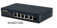SECO-LARM NS-504UT-GAQ Gigabit PoE+ network switch with 4 downlink ports, 1 uplink port, and 1 SFP slot