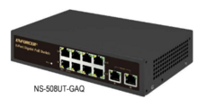 SECO-LARM Gigabit PoE+ Switch with 8 port downlink and 2 uplink ports, black rack-mount networking hardware