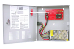 SECO-LARM 12VDC CCTV power supply enclosure with 4 outputs and 5 amps capacity, showing red circuit board and yellow transfo…