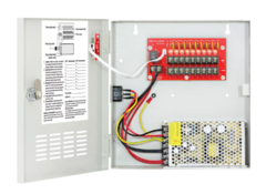 SECO-LARM 12VDC CCTV power supply with 9 outputs, 10 amps capacity, mounted in metal enclosure with red distribution board a… Main image