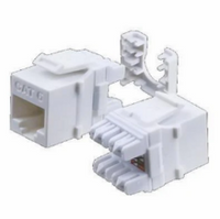White Cat 6 keystone jack with cable management clips and punch-down termination ports