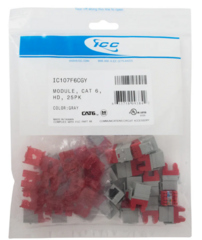 25-pack of ICC HD Cat 6 modular keystone jacks in gray, displayed in retail packaging with individual components visible