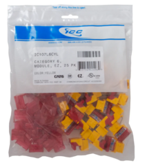25-pack ICC EZ Cat 6 yellow modular keystone jacks in sealed plastic bag with product labeling