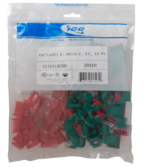 ICC EZ Cat 6 modular keystone jack 25-pack in green and red, structured cabling networking hardware