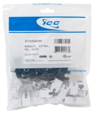 ICC Cat6A HD keystone jack 25-pack in white with packaging showing product specifications and barcode