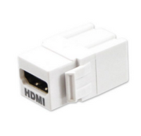 White HDMI keystone coupler with snap-in feed-through design for structured cabling installations