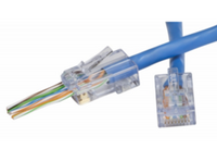 Blue Cat6+ network cable with Platinum Tools EZ-RJ45 connectors and connector jar displayed