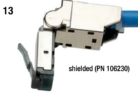 Platinum Tools Cat6A shielded flex connector with blue strain relief boot, showing shielded design PN 106230