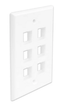 White 6-port single gang flush style network faceplate with rectangular port openings for structured cabling installations
